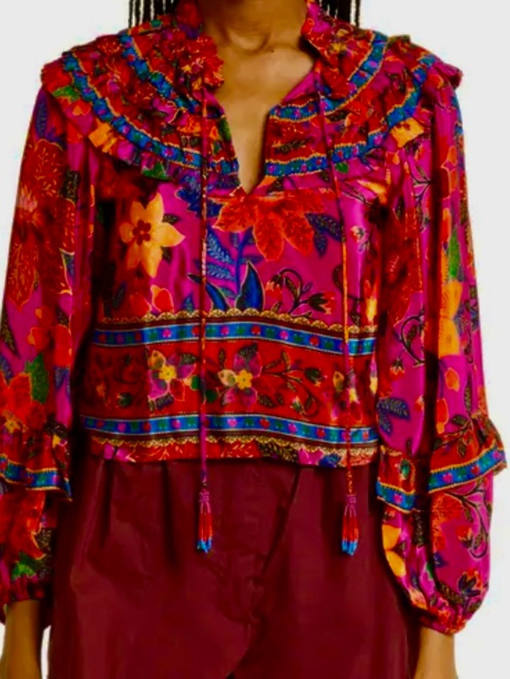 FARM Rio Fuchsia Multicolor Floral Ruffle Tie-Neck Blouse Sz XL